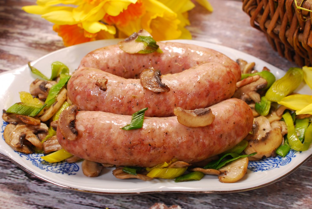 white sausage with mushrooms and leek for easter